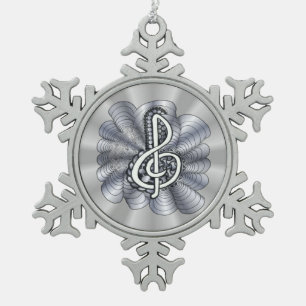 Metallic Silver Treble Clef Musical Art Snowflake Pewter Christmas Ornament