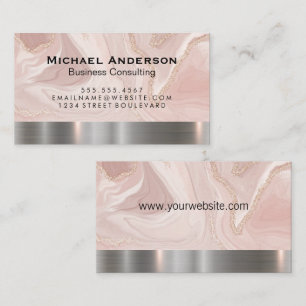 Metallic Silver Trim   Pink Marble Gold Flake Business Card