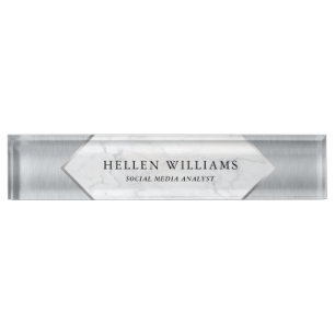 Metallic silver & white marble geometric design nameplate
