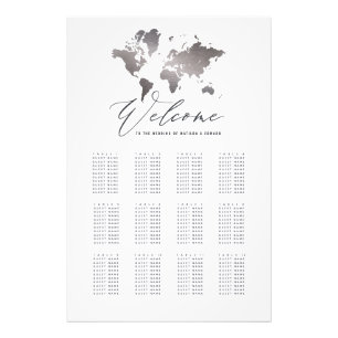 Metallic silver world map wedding seating plan photo print