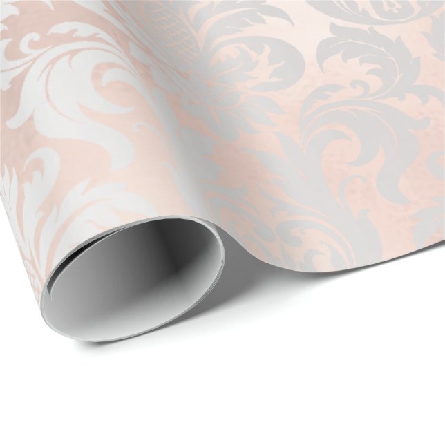 Metallic Skinny Rose Gold Blush Gray Silver Damask Wrapping Paper (Roll Corner)