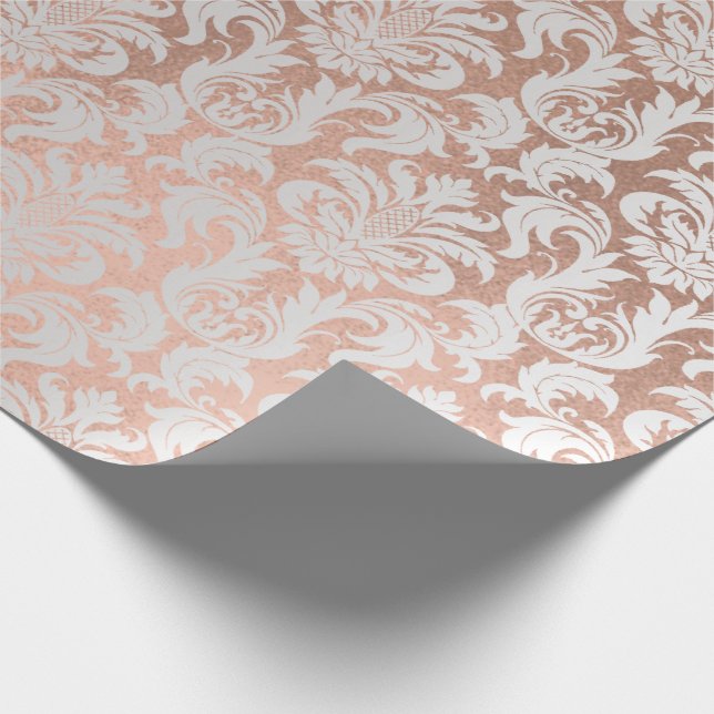 Metallic Skinny Rose Gold Coppe Gray Silver Damask Wrapping Paper (Corner)