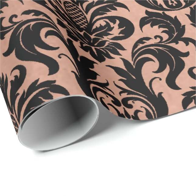 Metallic Skinny Rose Gold Copper Gray Black Damask Wrapping Paper (Roll Corner)