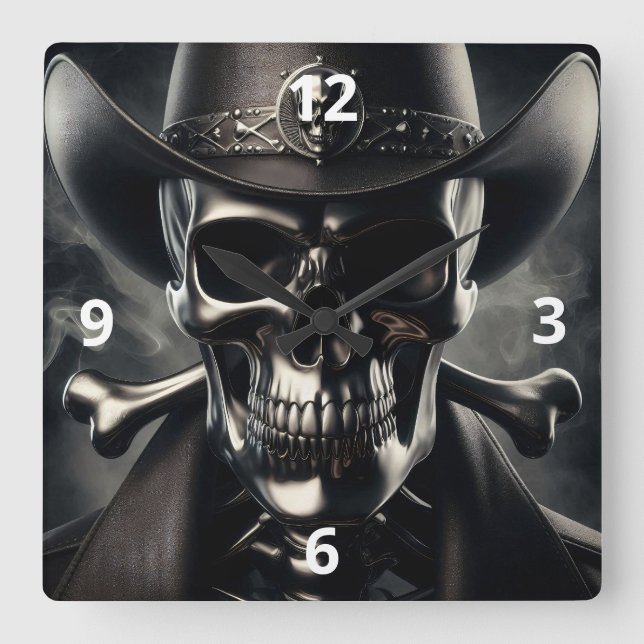 Metallic Skull Cowboy Wall Clock (Front)