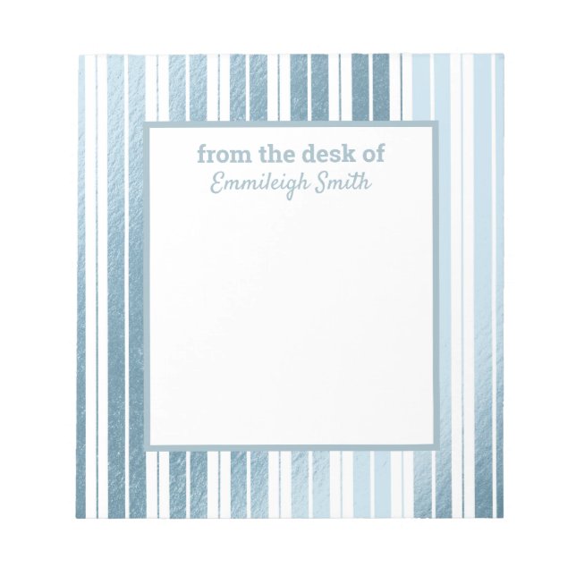 Metallic Soft Blue White Striped From Desk of Notepad (Front)