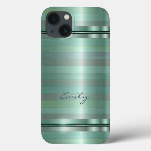 Metallic Soft Green Stripes Pattern Monogram iPhone 13 Case