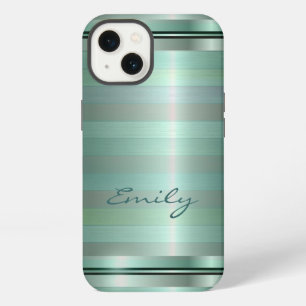 Metallic Soft Green Stripes Pattern Monogram iPhone 13 Case
