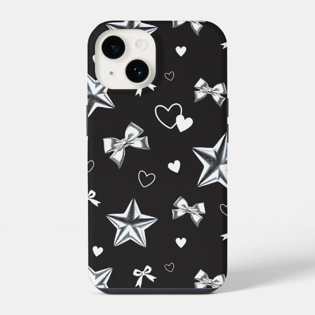 Metallic Star Ribbon Heart Black Y2K Pattern iPhone Case (Back)