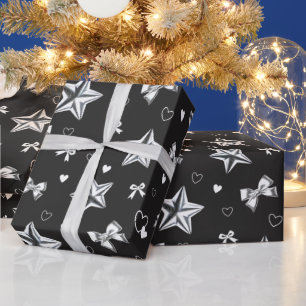 Metallic Star Ribbon Heart Black Y2K Pattern Wrapping Paper
