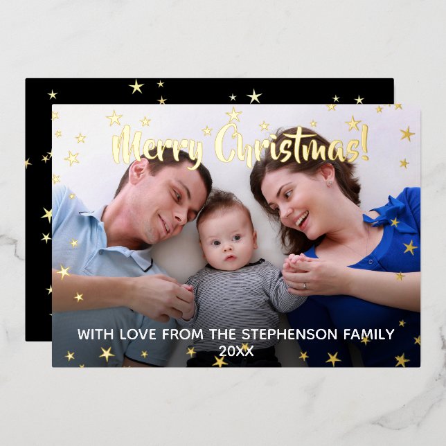 Metallic Stars Merry Christmas Family 3 Photo Foil Holiday Card (Front/Back)
