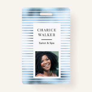 metallic stripes blue foil salon photo name ID badge