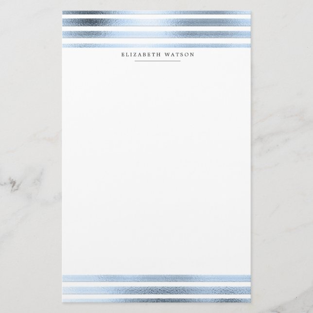 metallic stripes blue modern Monogram Stationery (Front)