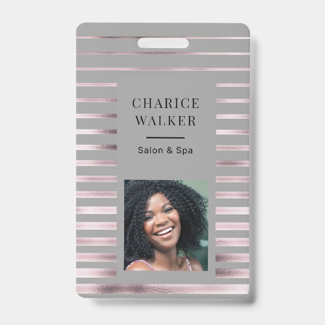 metallic stripes rose gold foil salon photo name ID badge (Front)