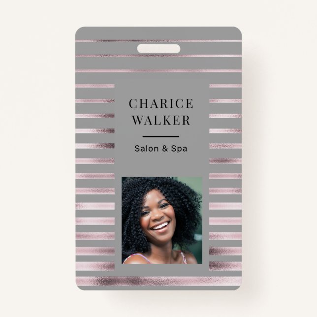 metallic stripes rose gold foil salon photo name ID badge (Front)