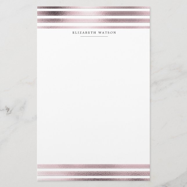 metallic stripes rose gold Monogram Stationery (Front)