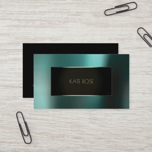 Metallic Teal Aquatic Black Champaign Frame Vip Business Card (Front/Back In Situ)