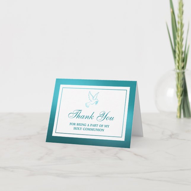 Metallic Teal Dove Holy Communion Or Confirmation Thank You Card (Front)