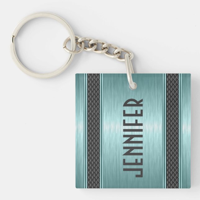 Metallic Teal Green Design Brushed Aluminium Look Key Ring (Front)