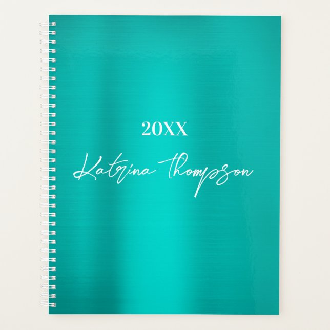 Metallic Teal Turquoise Signature Script  Planner (Front)