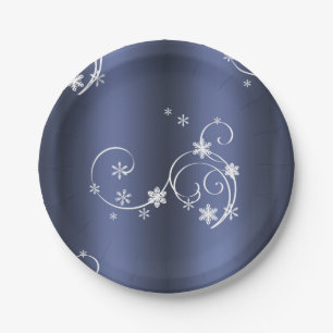 Metallic Teal, White Swirls Christmas Paper Plate