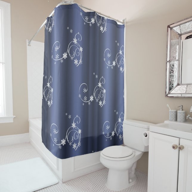 Metallic Teal, White Swirls Christmas Shower Curtain (In Situ)