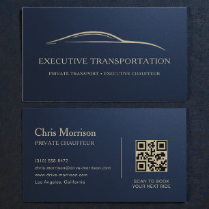 Metallic Transport Car QR Code Navy Blue & Gold Business Card