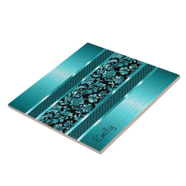 Metallic Turquoise  And Black Damasks And Metal Tile (Side)