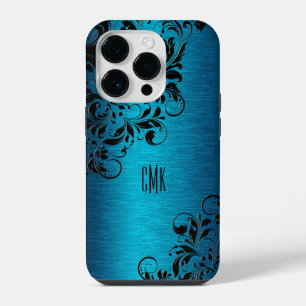 Metallic Turquoise Blue With Black Floral Swirls C iPhone 14 Pro Case