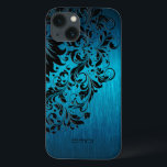 Metallic Turquoise Brushed Aluminium Black Lace 2 iPhone 13 Case<br><div class="desc">Elegant blue-green turquoise metallic background brushed aluminium look black floral lace. Customisable monogram. Several version on this design with different lace position.</div>