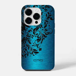 Metallic Turquoise Brushed Aluminium Black Lace 2 iPhone 14 Pro Case