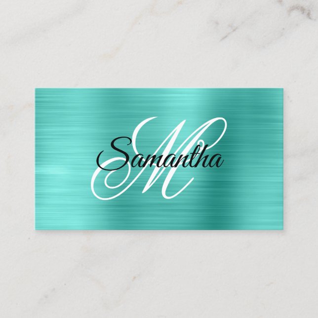 Metallic Turquoise Fancy Monogram Business Card (Front)