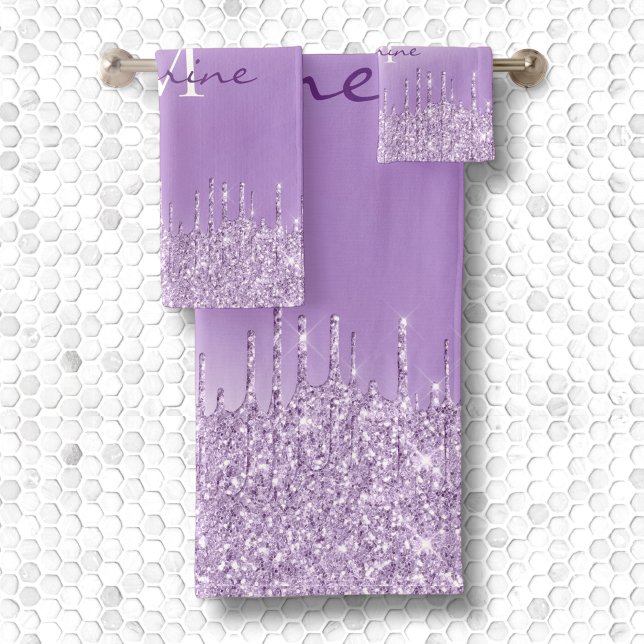 Metallic Violet Purple Dripping Glitter Monogram Bath Towel Set (Creator Uploaded)