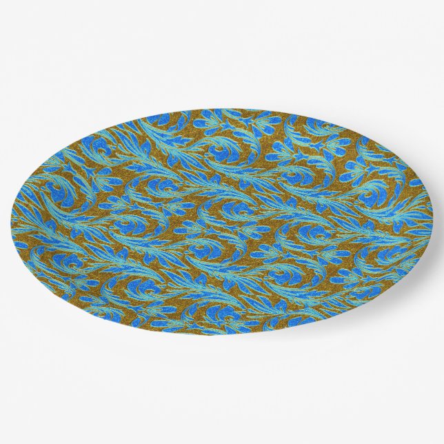 Metallic Waves-Lt Blue-Gold-PAPER PARTY PLATES (Angled)