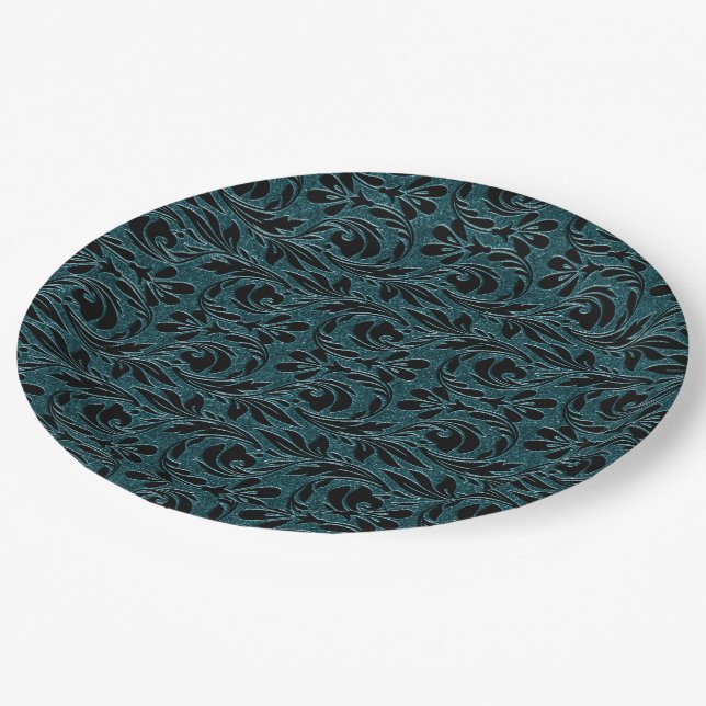 Metallic Waves-Teal-Black-PAPER PARTY PLATES (Angled)