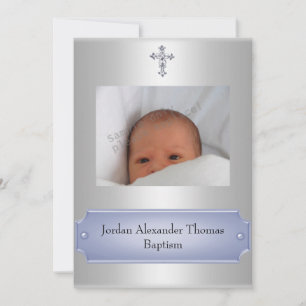 Metallic White Photo Frame Cross Baptism Blue Invitation