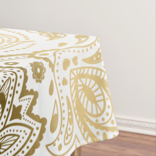 MetallicGold White Floral Paisley Tablecloth