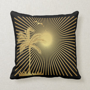 Metalllic Gold Palm Tree, Sun and Bird Pillow