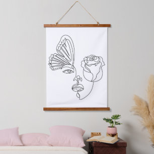Metamorphosis – Abstract Butterfly & Rose Line Art Hanging Tapestry