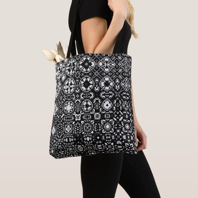 Metamorphosis Medallion Pattern Black and White Tote Bag (Close Up)