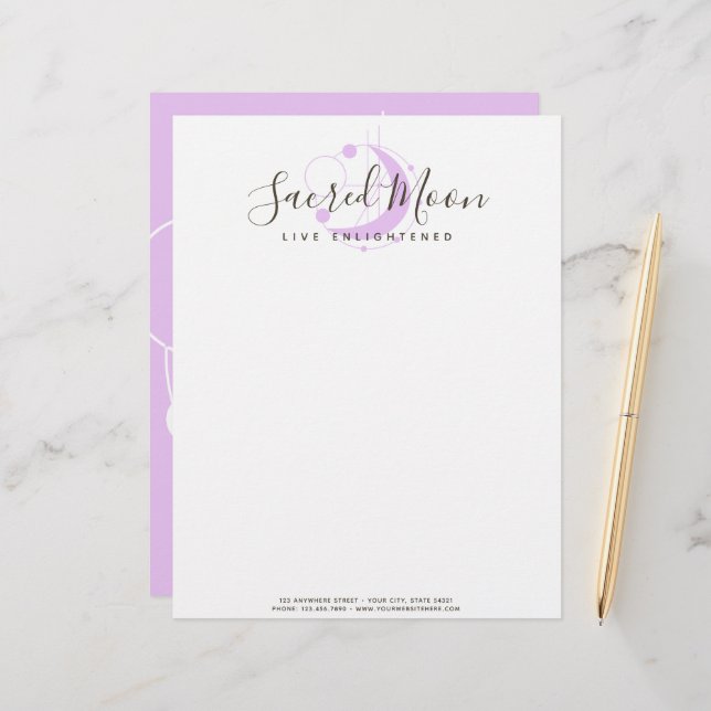 Metaphysical Geometric Moon Minimalist Purple Custom Letterhead (Front/Back In Situ)