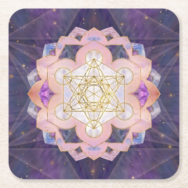 Metatron's Cube in Gemstone lotus Square Paper Coaster (Front)