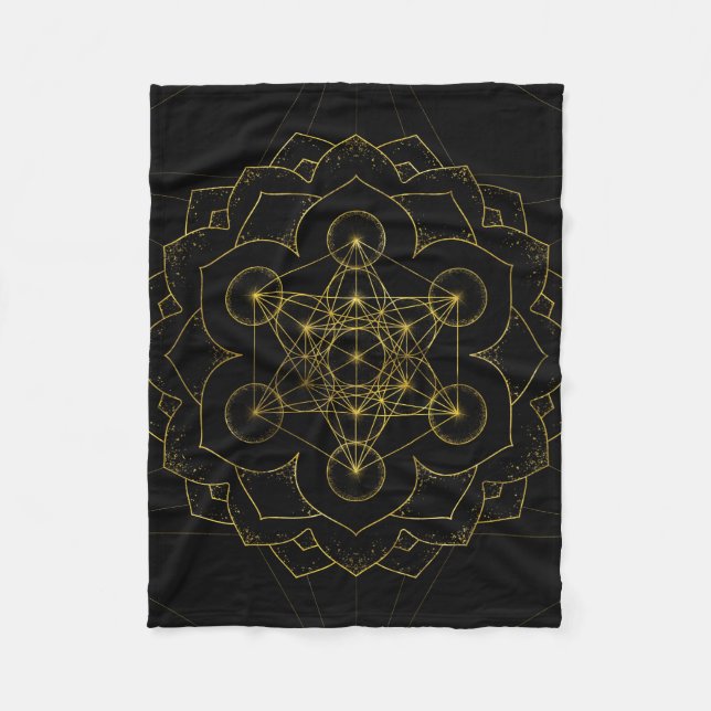 Metatron's Cube in lotus Sacred Geometry Fleece Blanket (Front)