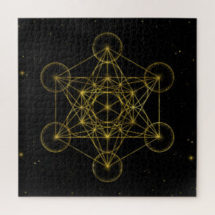 Metatron's Cube Sacred Geometry Black and gold Jigsaw Puzzle