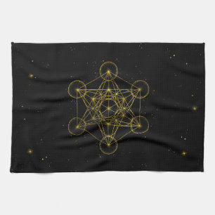 Metatron's Cube Sacred Geometry Black and gold Tea Towel