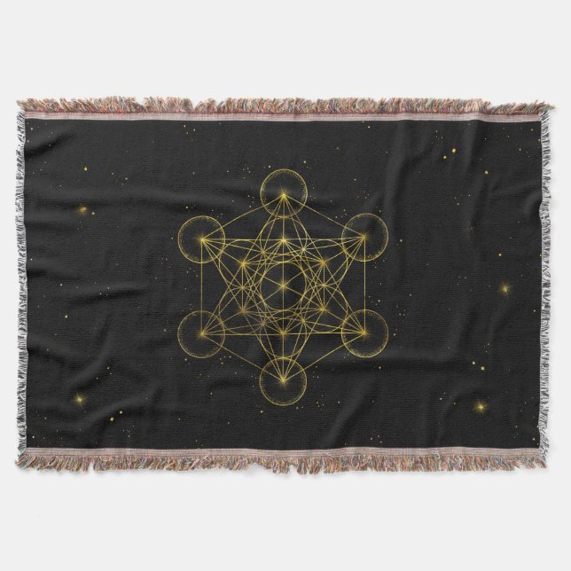 Metatron's Cube Sacred Geometry Black and gold Throw Blanket (Front)
