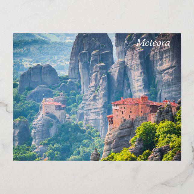 Meteora, Greece Foil Holiday Postcard (Front)