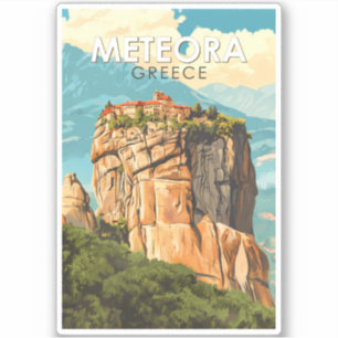 Meteora Greece Illustration Travel Art Vintage