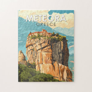 Meteora Greece Illustration Travel Art Vintage Jigsaw Puzzle