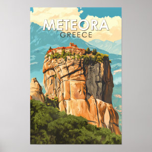 Meteora Greece Illustration Travel Art Vintage Poster