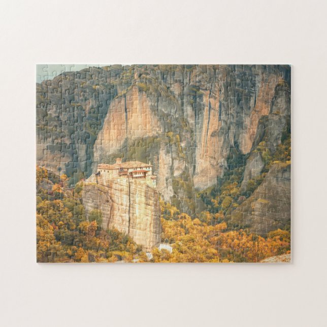 Meteora Greece in Fall Orange Leaves Cliffs Jigsaw Puzzle (Horizontal)